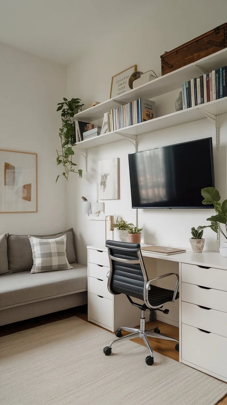 This guest room office cleverly combines functionality and comfort.  A perfect guest bedroom home office, this living room office combo boasts a built-in workspace alongside a cozy sofa bed.  The result? A stylish and practical bedroom office combo, ideal for small home offices in a modern home.
