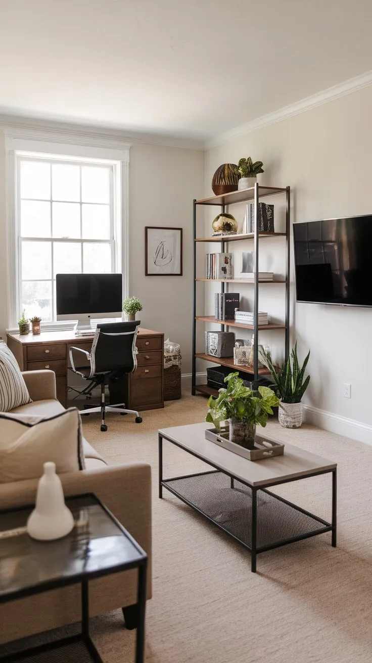 Work, relax, and unwind in a stylish combined home office, TV room, and living space with integrated furniture and calming neutral tones.