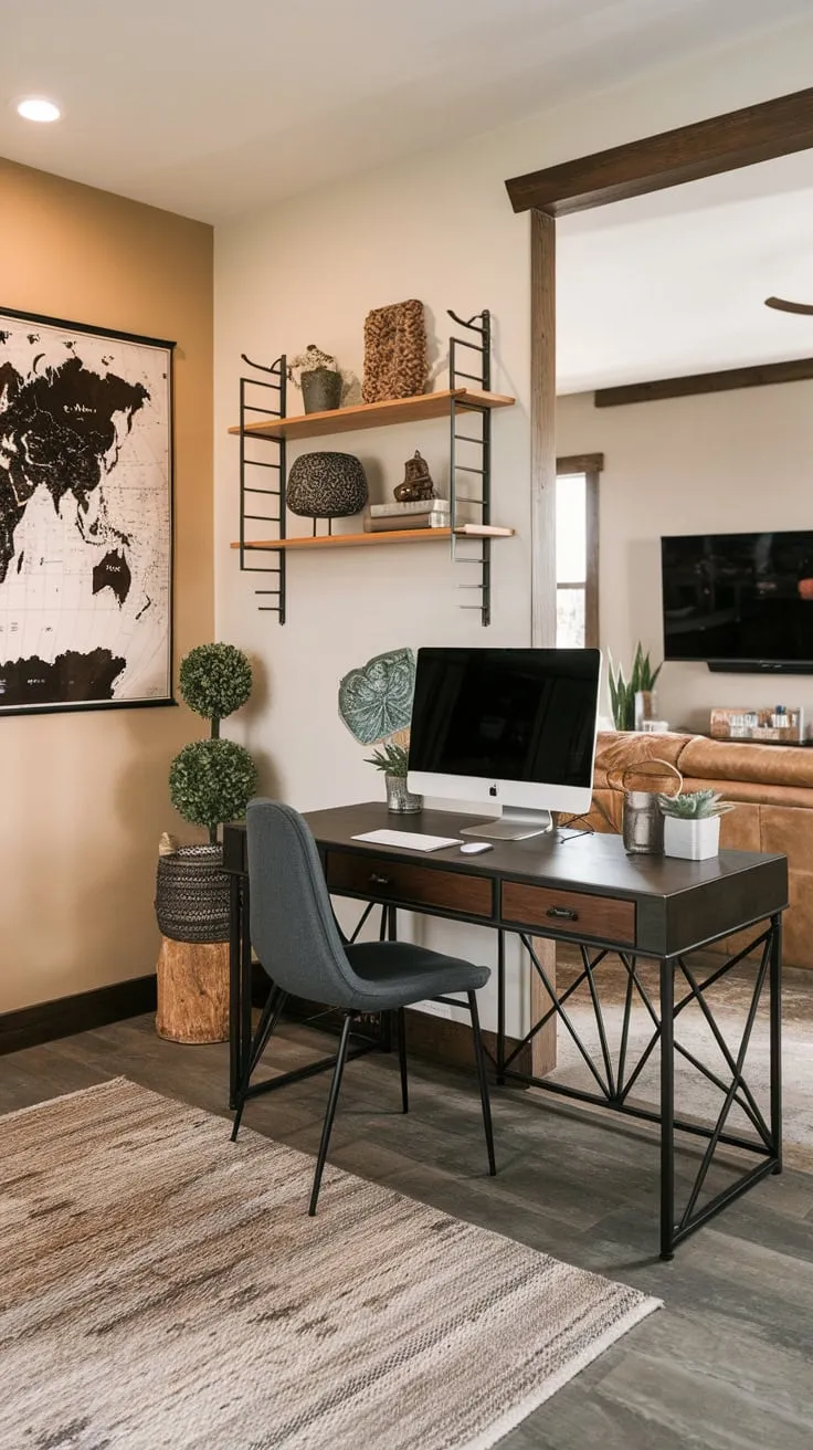 A cozy home office seamlessly blends work essentials with a relaxing TV area, featuring a warm wood aesthetic and a world map backdrop.