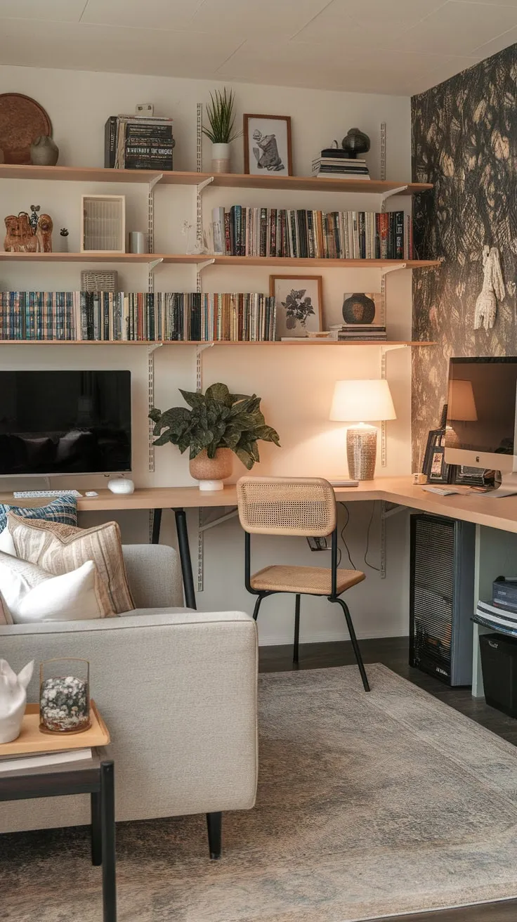 Warm lighting and thoughtful décor create a productive yet relaxing atmosphere in this combined home office and TV room.
