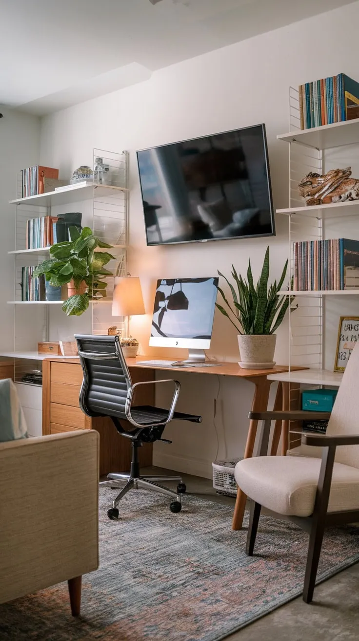 Blending productivity and leisure, this home office TV room features a functional desk and inviting seating area, perfect for work and entertainment.