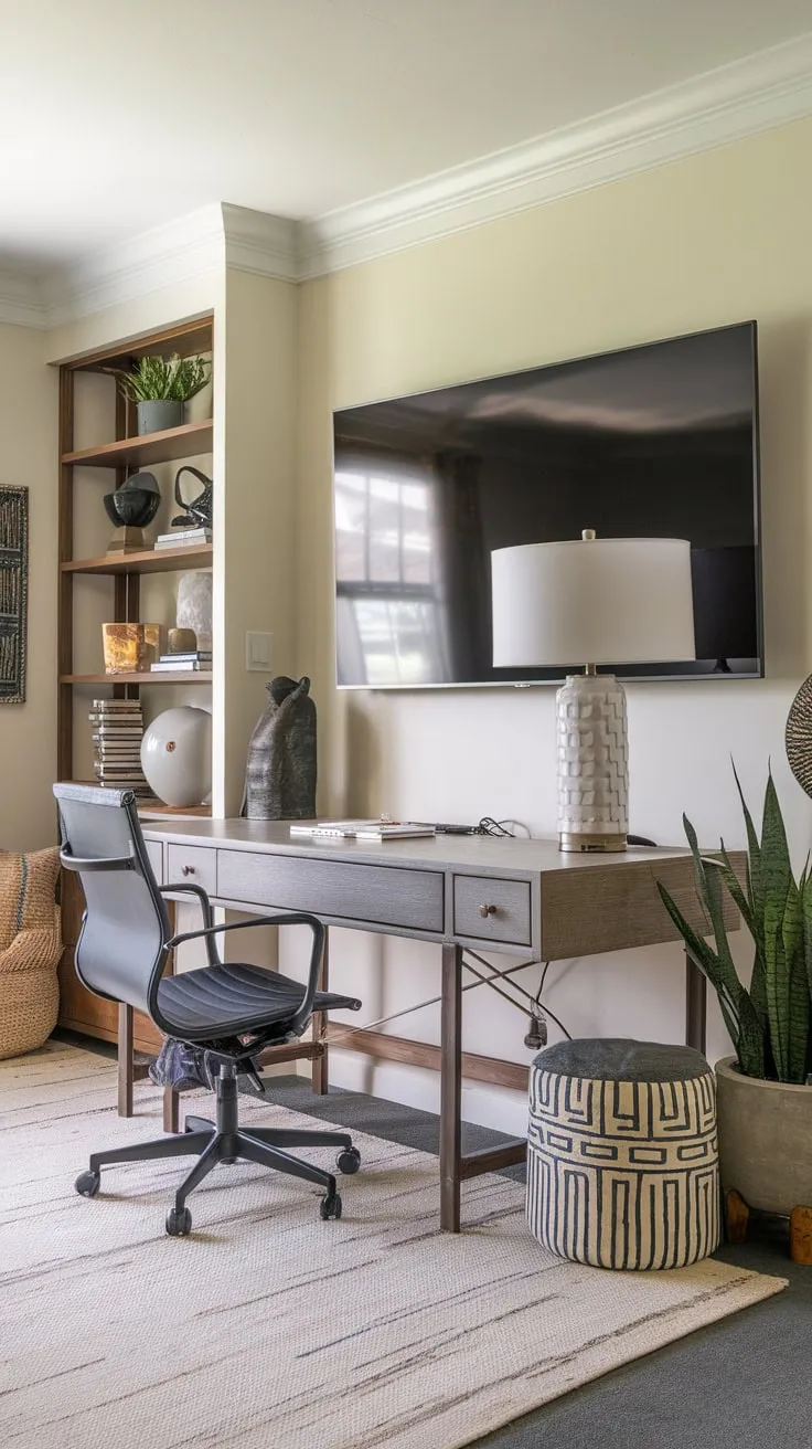 A stylish home office seamlessly blends work and relaxation with a mounted TV, comfortable seating, and tasteful décor.