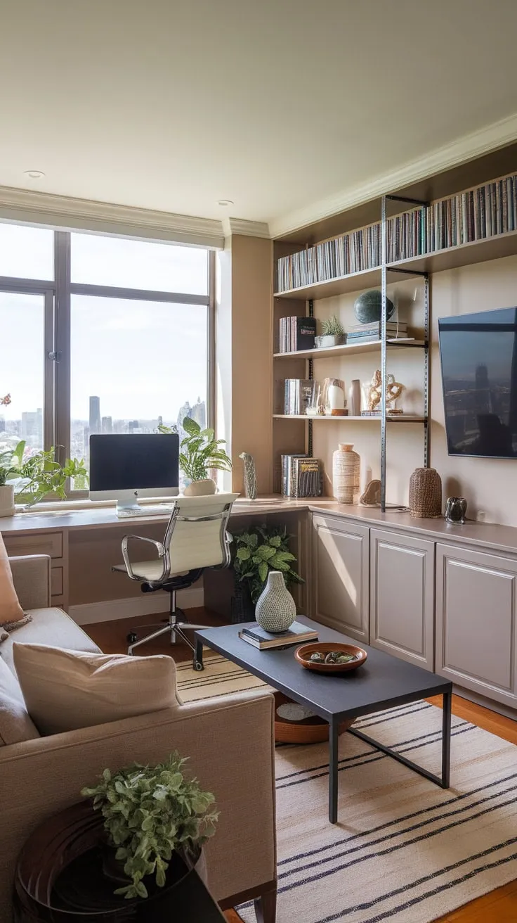City views inspire productivity and relaxation in this combined home office and TV room, featuring a comfortable workspace and cozy seating area.