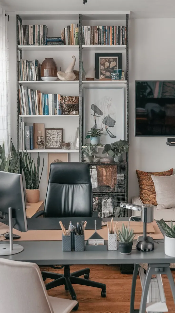Blending productivity and leisure, this room features a functional workspace alongside a comfortable TV viewing area, creating a versatile home haven.