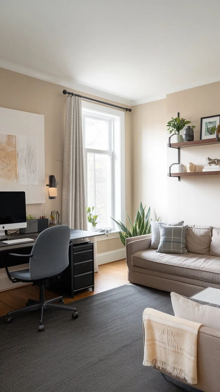 A stylish home office seamlessly blends work essentials with a cozy TV area, perfect for productivity and relaxation.