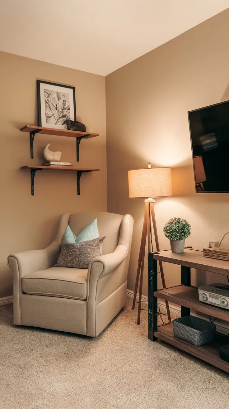 A cozy home office seamlessly blends work and relaxation with a comfortable armchair, mounted TV, and warm lighting, creating the perfect space for productivity and entertainment