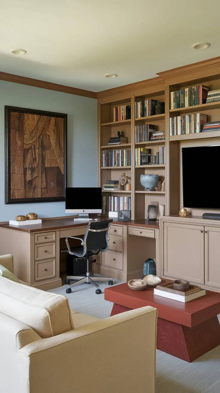 Warm beige and reddish-brown tones create a relaxing atmosphere in this combined home office and TV room, perfect for work and leisure.