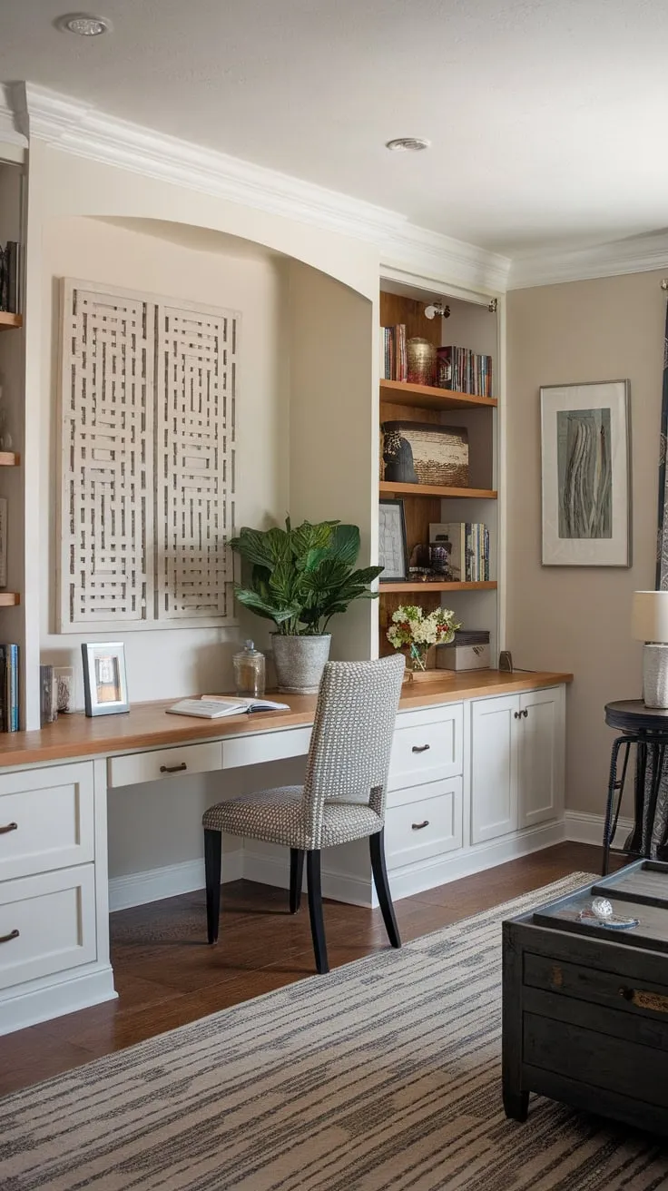 A neutral-toned living room seamlessly blends home office functionality with TV room relaxation, featuring a built-in desk, bookshelf, and comfortable seating.