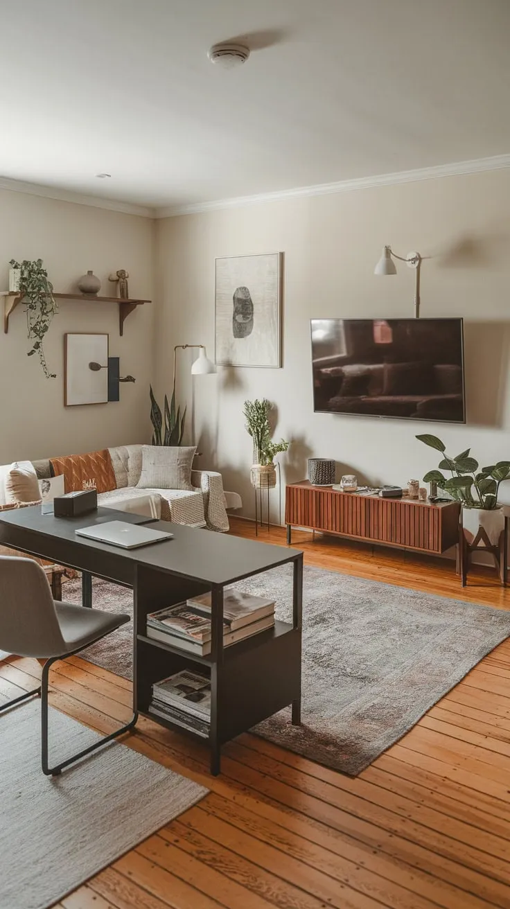 A stylish living room seamlessly blends home office functionality with cozy TV-watching relaxation, featuring a desk, comfy couch, and mounted TV.
