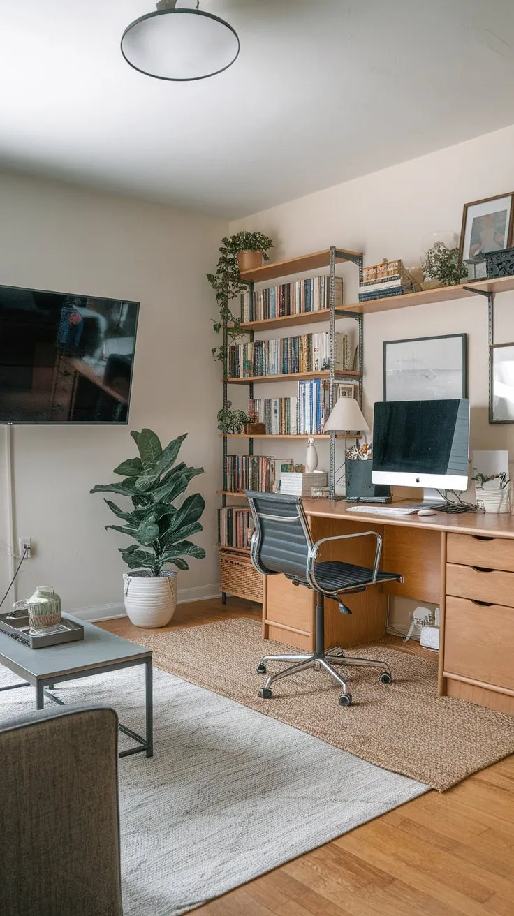 Blend work and relaxation in a stylish home office TV room featuring a comfortable couch and a productive workspace.