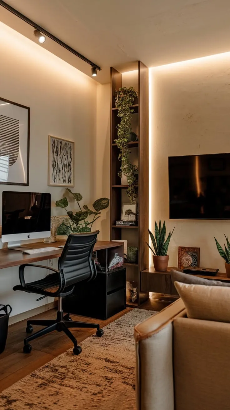 Blending productivity and leisure, this home office TV room features a workspace and a relaxing entertainment area in one inviting space.