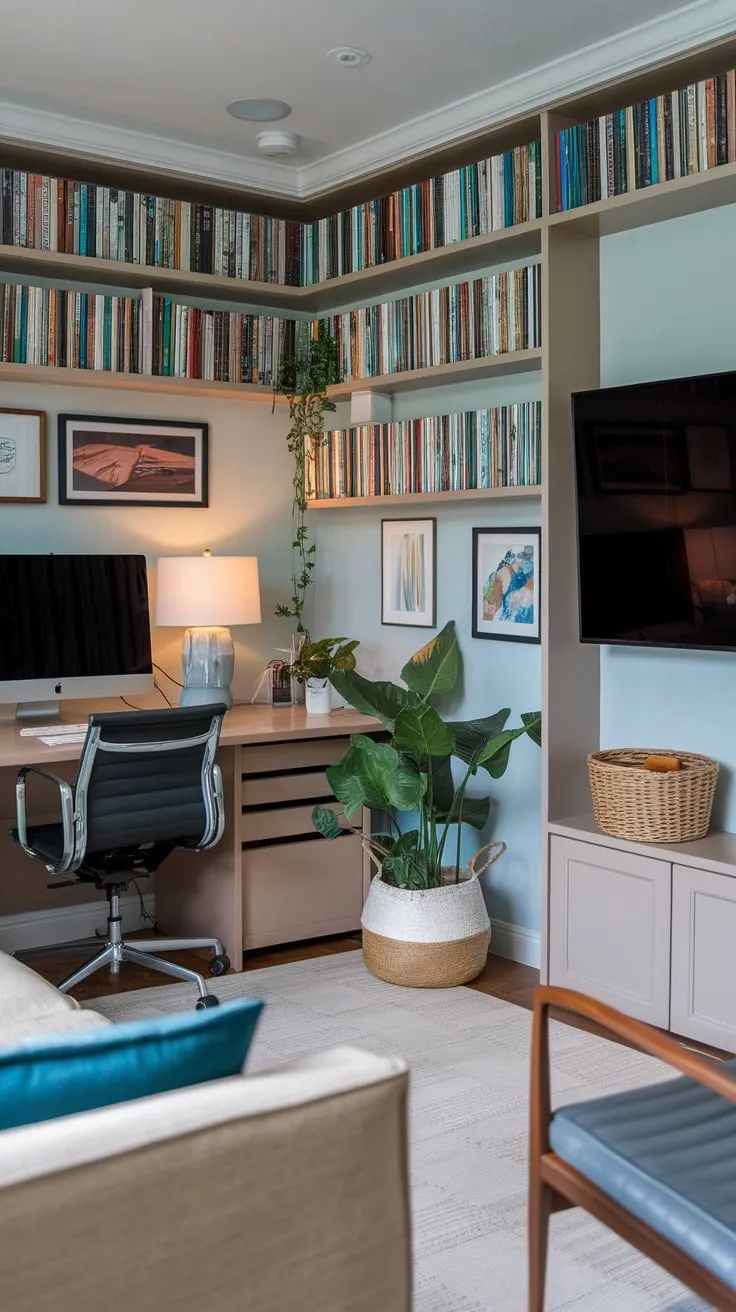 A serene light blue home office seamlessly blends work essentials with a relaxing TV area featuring a beige sofa and grey chair, perfect for unwinding after a productive day