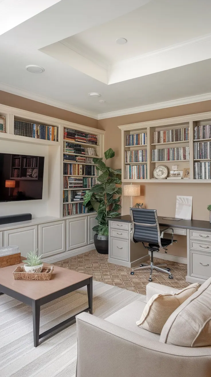 A well-lit beige room combines productive workspace and cozy TV viewing area, featuring a desk, armchair, bookshelf, and mounted television.