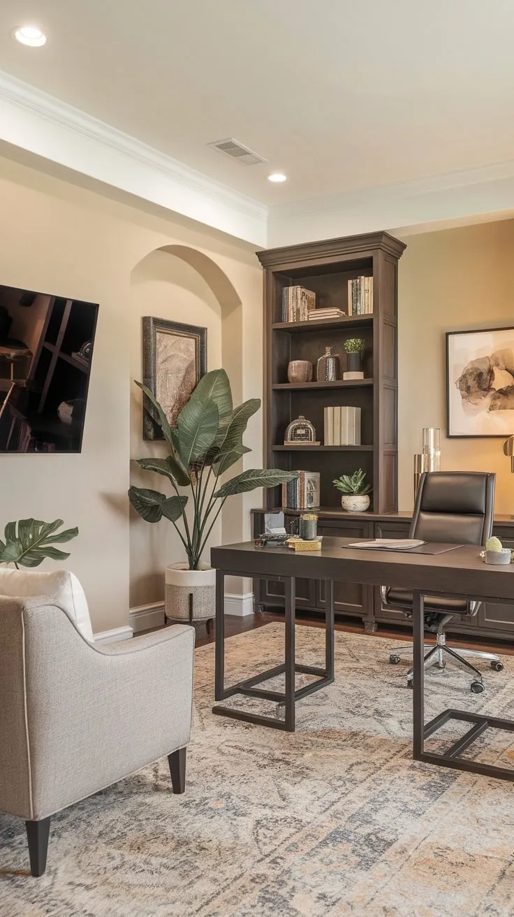 A cozy home office seamlessly blends work and relaxation with a large desk, comfortable armchair, and wall-mounted TV in a warm, inviting space