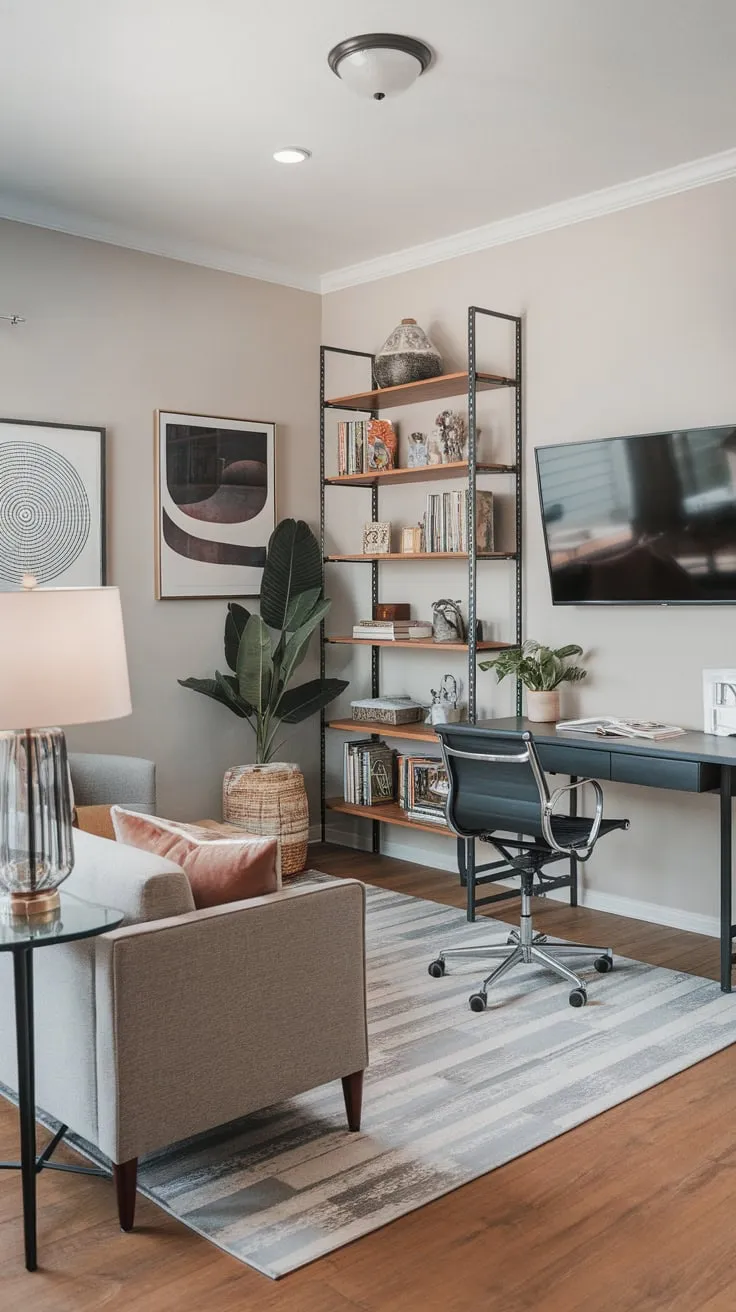 Blending work and leisure, this home office boasts a dedicated workspace alongside a relaxing TV viewing area, complete with comfortable seating and tasteful décor.