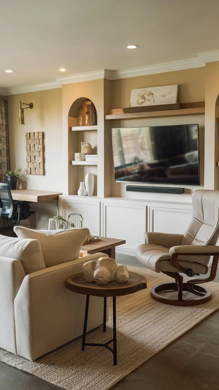Relax and work in style in a cozy home office TV room featuring a beige aesthetic, comfortable seating, and a large screen.