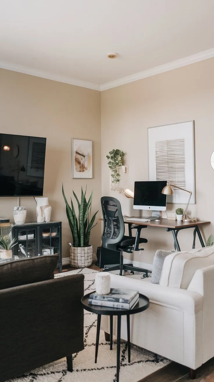 Blending work and leisure, this home office TV room features a large screen, comfortable seating, and a dedicated workspace, all in a calming neutral palette.