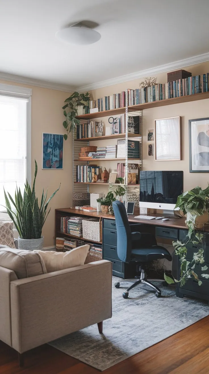 Blending work and leisure, this living room boasts a home office setup, comfortable seating, and tasteful decor, all within a relaxing hardwood space.