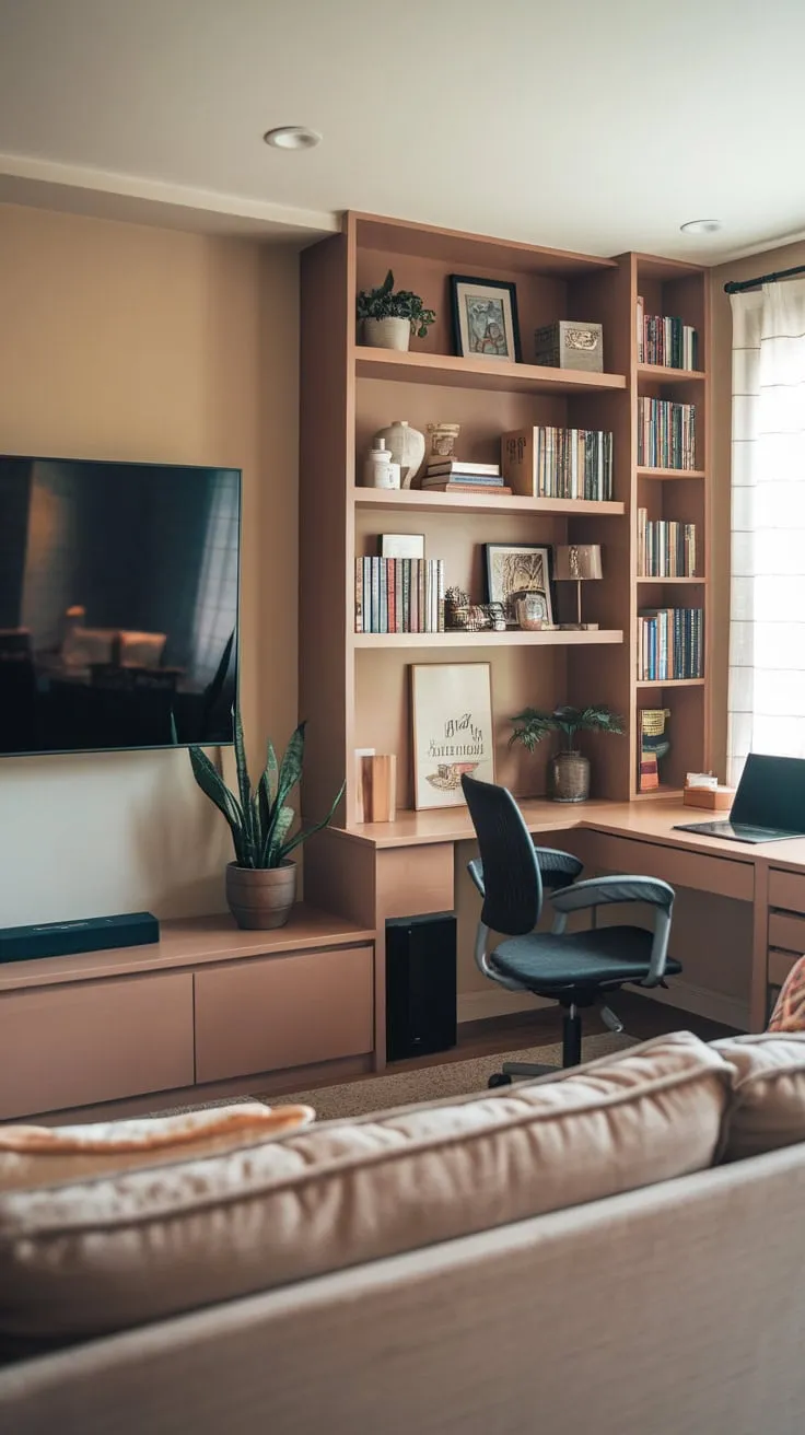 A warm and inviting home office TV room seamlessly blends work and relaxation with a comfortable couch, large screen TV, and functional desk area.