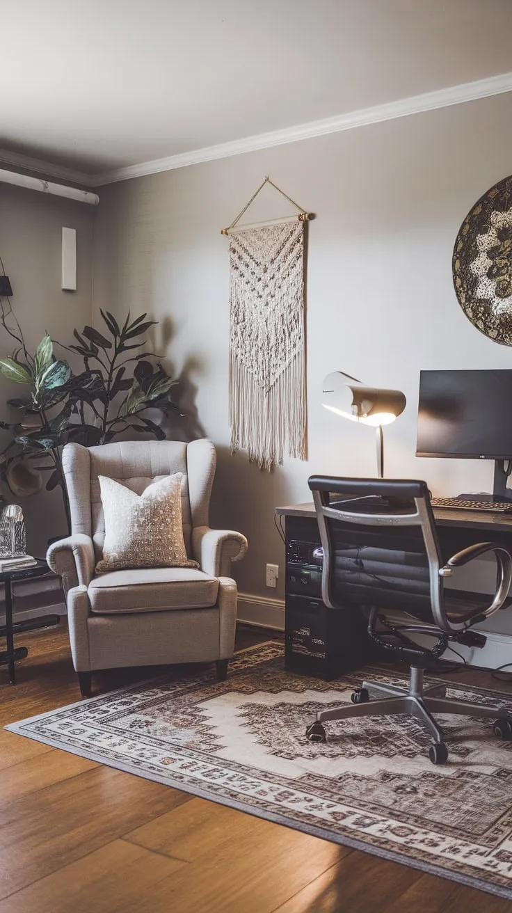 A stylish home office seamlessly blends work and relaxation with a comfortable armchair, a functional desk, and tasteful décor in a light gray room.