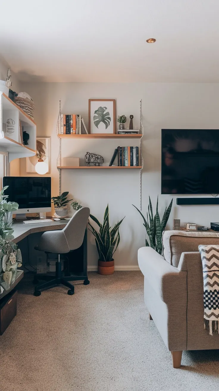 A versatile living space seamlessly blends a home office with a cozy TV room, featuring a workspace, comfortable seating, and entertainment all in one.
