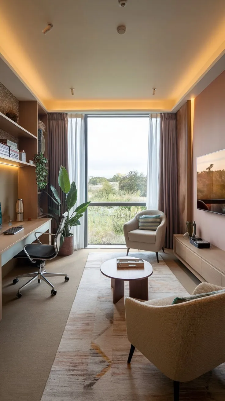 A serene home office seamlessly blends work and relaxation, featuring a nature view, comfortable seating for TV viewing, and a warm, inviting atmosphere