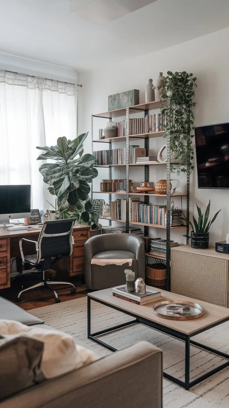 A versatile living space seamlessly blends home office functionality with TV room relaxation, featuring a desk, comfortable seating, and a mounted TV.