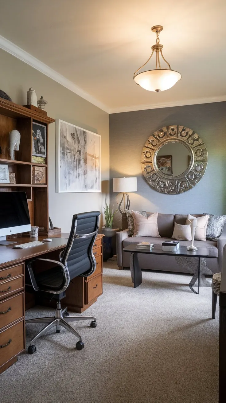 This multifunctional space seamlessly integrates a home office with a comfortable TV room, offering both productivity and leisure in one inviting area.
