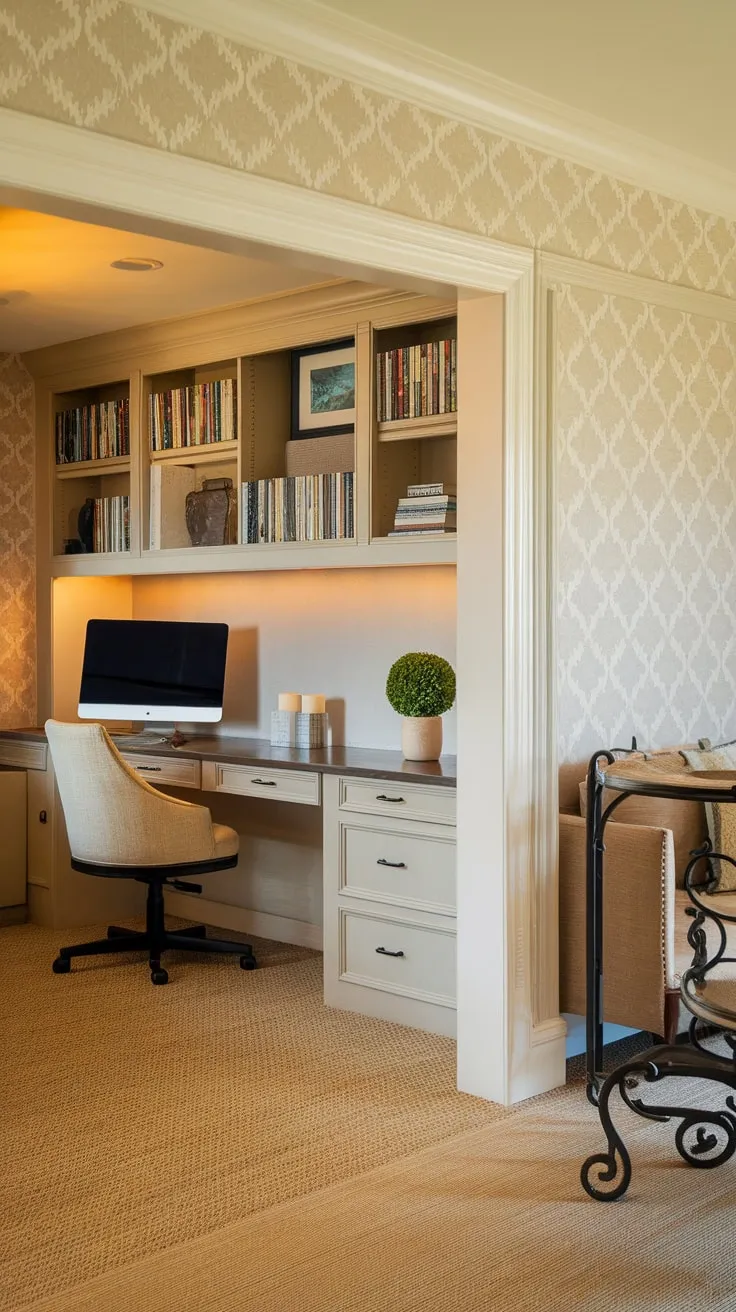 Beige carpet and warm lighting enhance the blend of a productive workspace and relaxing entertainment area in this home office TV room combo.