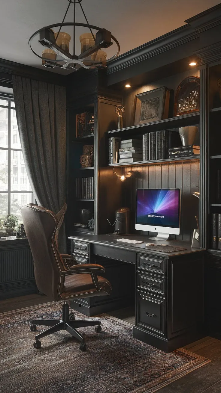 A sanctuary of productivity and play. This masculine space expertly balances the classic appeal of a vintage study with the cutting-edge technology of a gaming setup, proving that style and function can coexist beautifully. The dark academia aesthetic elevates the entire atmosphere.