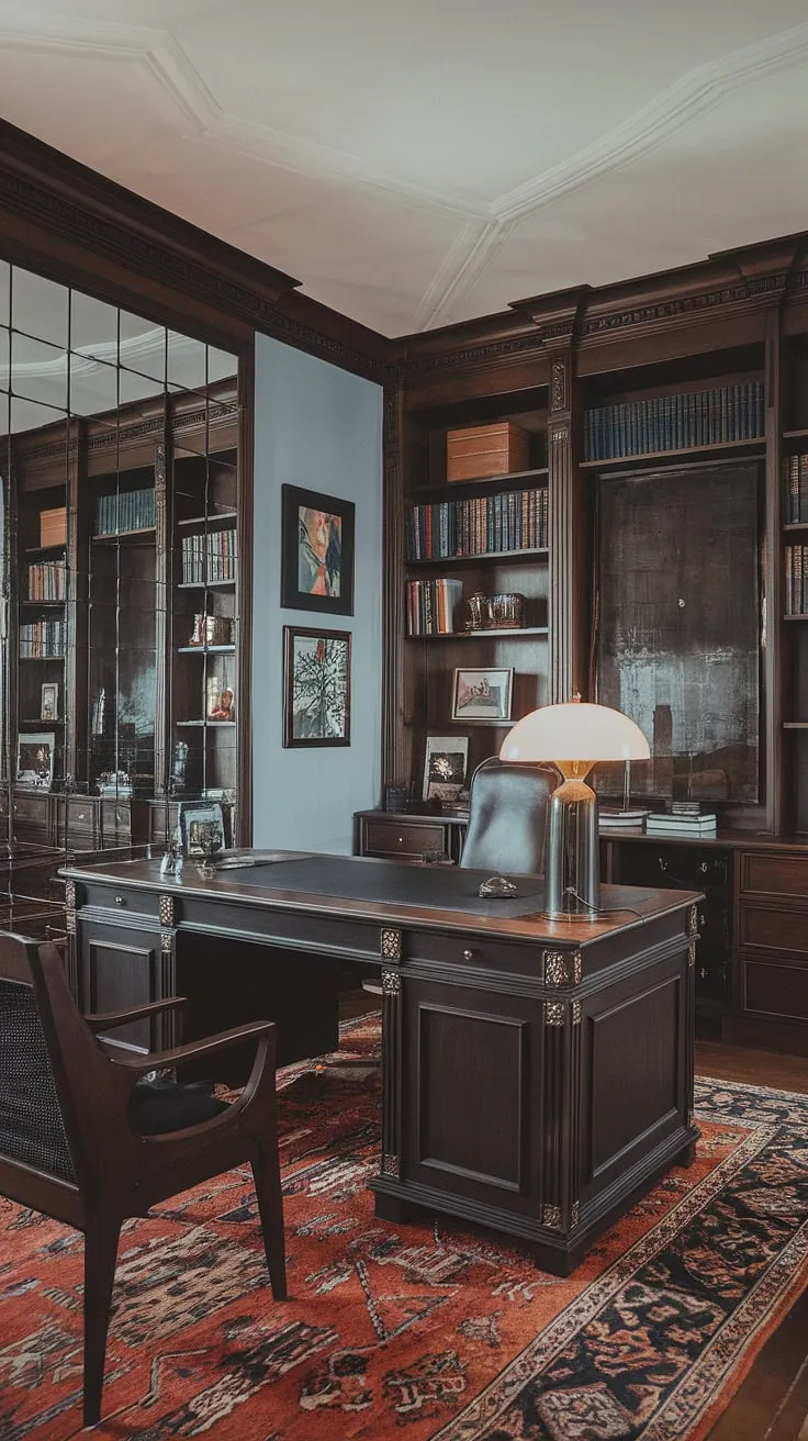 This vintage home office seamlessly blends old-world charm with modern functionality. Dark wood furniture, a statement mirror, and curated artwork create a masculine and inspiring space, perfect for deep work or intense gaming sessions. The rich textures and ambient lighting, enhanced by a vintage desk lamp, contribute to a truly captivating study. A This is where productivity meets personality.