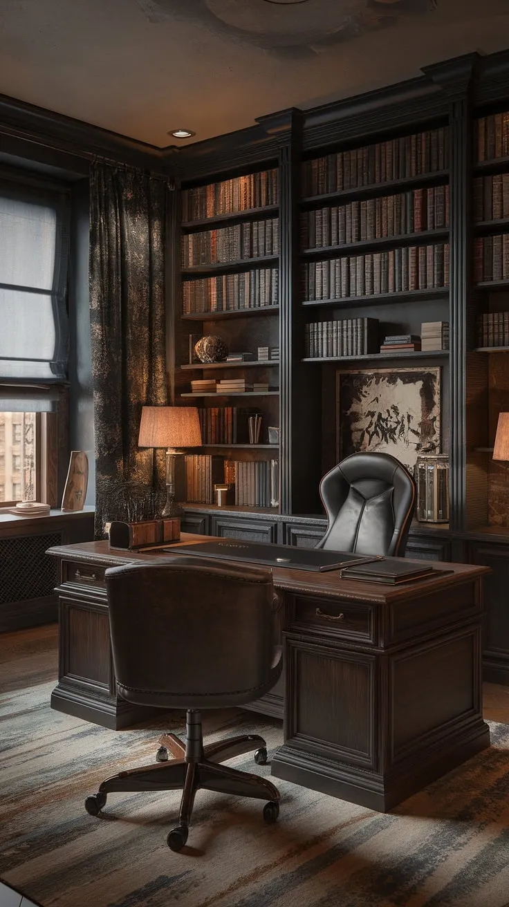 Where old-world charm meets modern functionality. This vintage home office, brimming with books and bathed in warm light, seamlessly blends a masculine aesthetic with a high-performance gaming setup. The result? A sanctuary of productivity and play, a space perfectly tailored to the modern scholar.