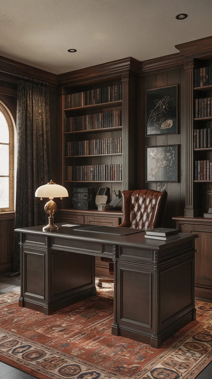 A study in contrasts: A vintage aesthetic, complete with a classic wooden desk and antique lamp, is elevated by a sleek, modern gaming setup. This masculine space, with its dark academia feel and richly patterned rug, proves that timeless style and cutting-edge technology can coexist beautifully. A perfect blend of old and new.
