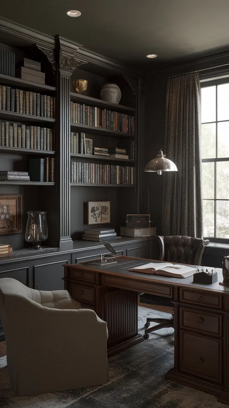 This masculine study seamlessly blends the elegance of a vintage office with the energy of a modern gaming setup. Dark walls, a substantial wooden desk, and a curated collection of books create a sophisticated backdrop for focused work and thrilling gameplay. The result is a space that's both inspiring and intensely personal – a testament to the power of blending contrasting styles.