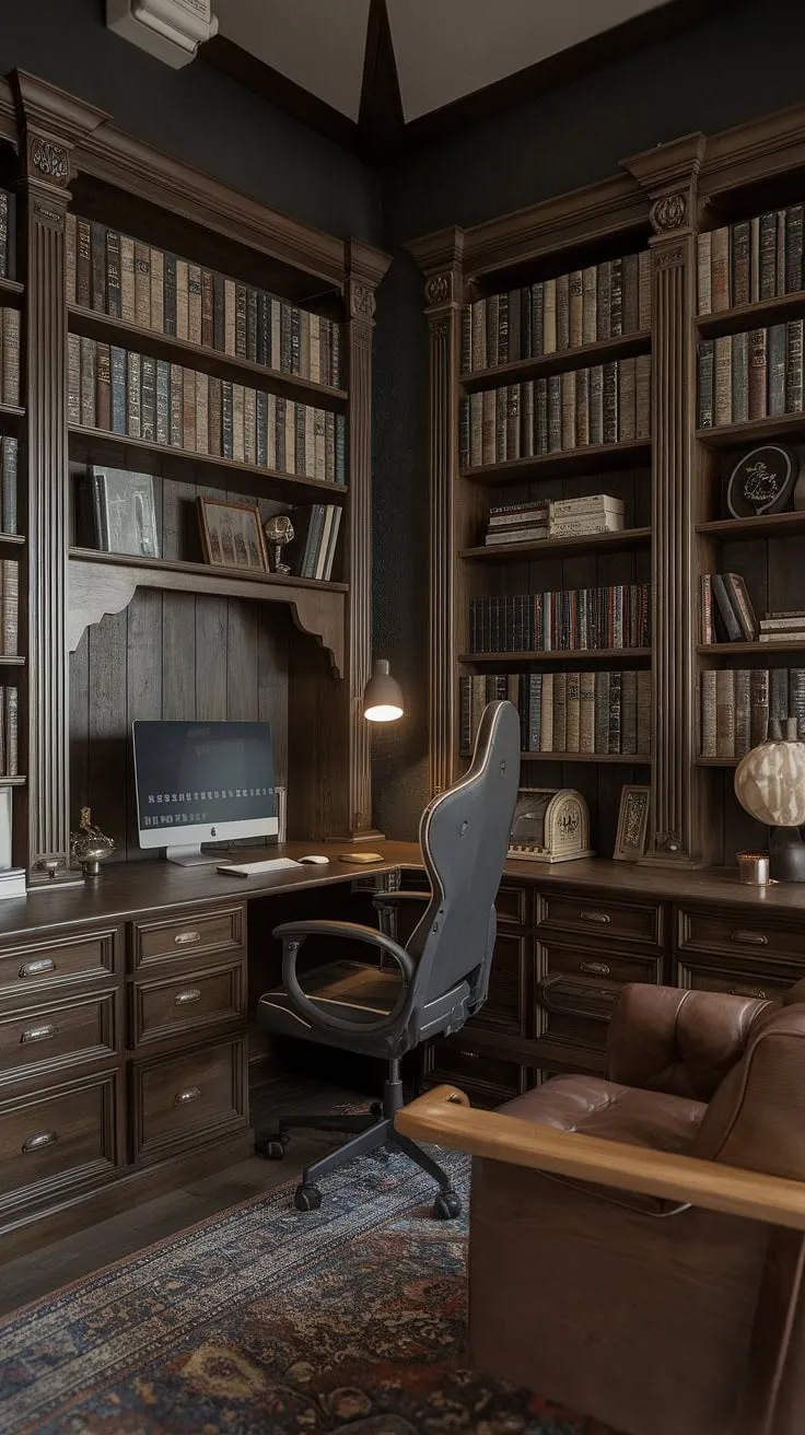 Where old-world charm meets modern functionality. This vintage home office, with its dark academia aesthetic and masculine decor, seamlessly blends classic wooden furniture and overflowing bookshelves with a high-performance gaming setup. The result? A space as inspiring as it is powerful. A sanctuary for both focused work and immersive play.