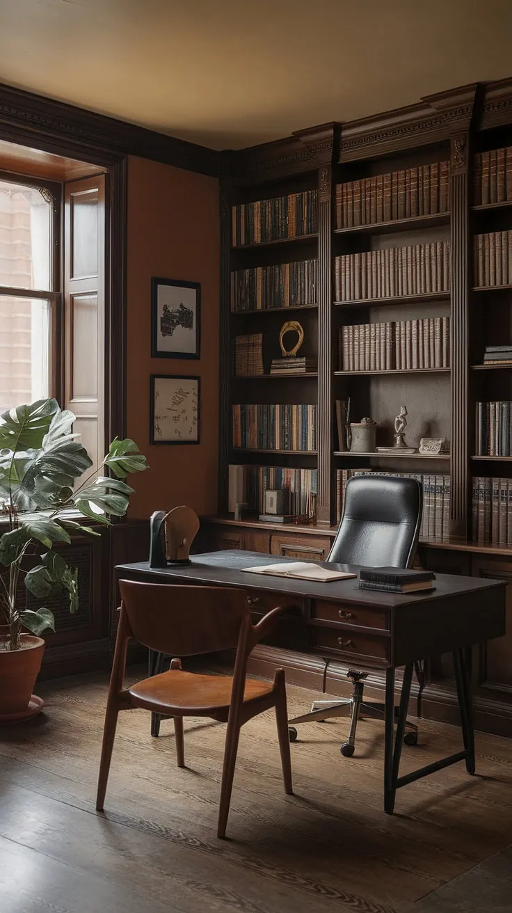 Lost in the pages of history, yet grounded in the present. This vintage home office, with its warm hues and curated collection of books, offers a sanctuary for focused work and quiet contemplation. The blend of old and new creates a space where inspiration thrives.