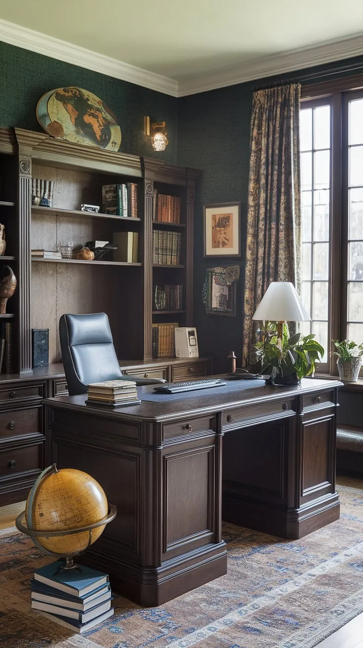 A sanctuary of old-world charm and modern productivity. Dark wood furniture, a vintage globe, and rich green walls create a captivating backdrop for focused work, blending the best of both worlds. The carefully curated space speaks to a dedication to both history and a streamlined, efficient workflow.