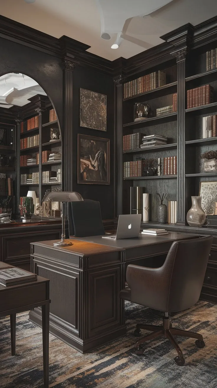 Lost in the pages of history, yet connected to the digital world. This vintage home office, with its dark wood and curated collection of books and art, offers a sanctuary for focused work and quiet contemplation. The blend of old-world charm and modern functionality creates a space where inspiration thrives.