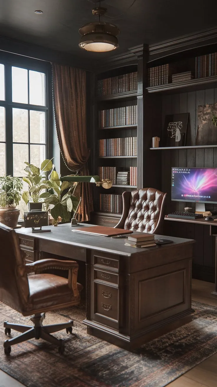 Where old-world charm meets modern functionality. This vintage home office seamlessly blends a dark academia aesthetic with a high-performance gaming setup, creating a space as inspiring as it is productive. The rich wood tones, leather chair, and overflowing bookshelves provide a comforting backdrop for focused work, while the sleek monitor and keyboard stand ready for a quick break into the digital world. A perfect blend of classic and contemporary, this space is a testament to personalized style.