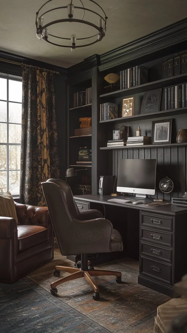 Where old-world charm meets modern functionality. This vintage home office seamlessly blends dark academia aesthetics with a masculine gaming setup, creating a unique and inspiring workspace. The result is a study that's both sophisticated and surprisingly playful.