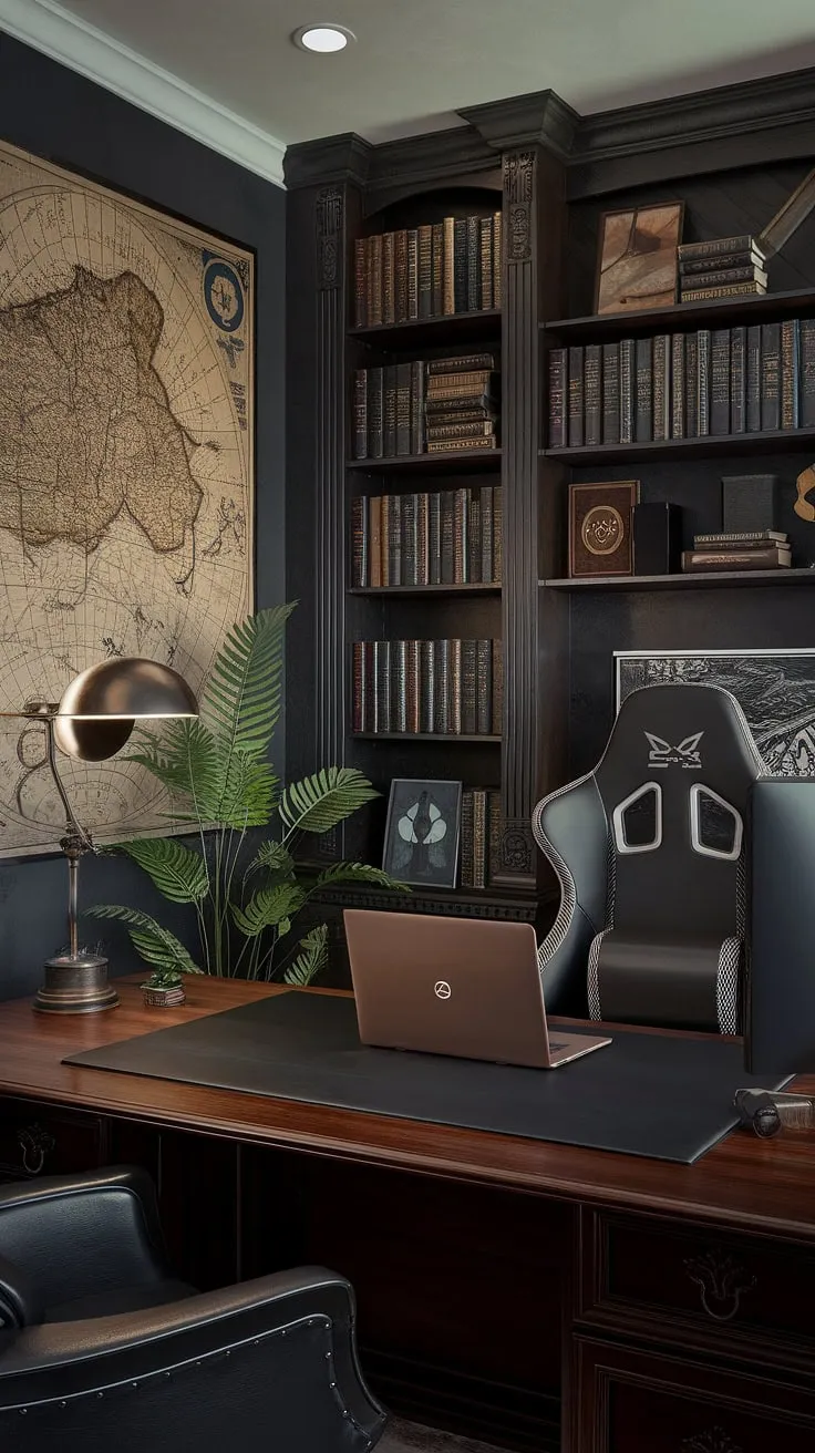Where history meets high scores. This vintage-inspired office blends old-world charm with modern gaming functionality, creating a space as captivating as it is productive. The rich wood tones, antique map, and overflowing bookshelves provide a sense of timeless elegance, while the sleek gaming setup ensures peak performance. A perfect blend of classic and contemporary, this space is a testament to the power of curated aesthetics.