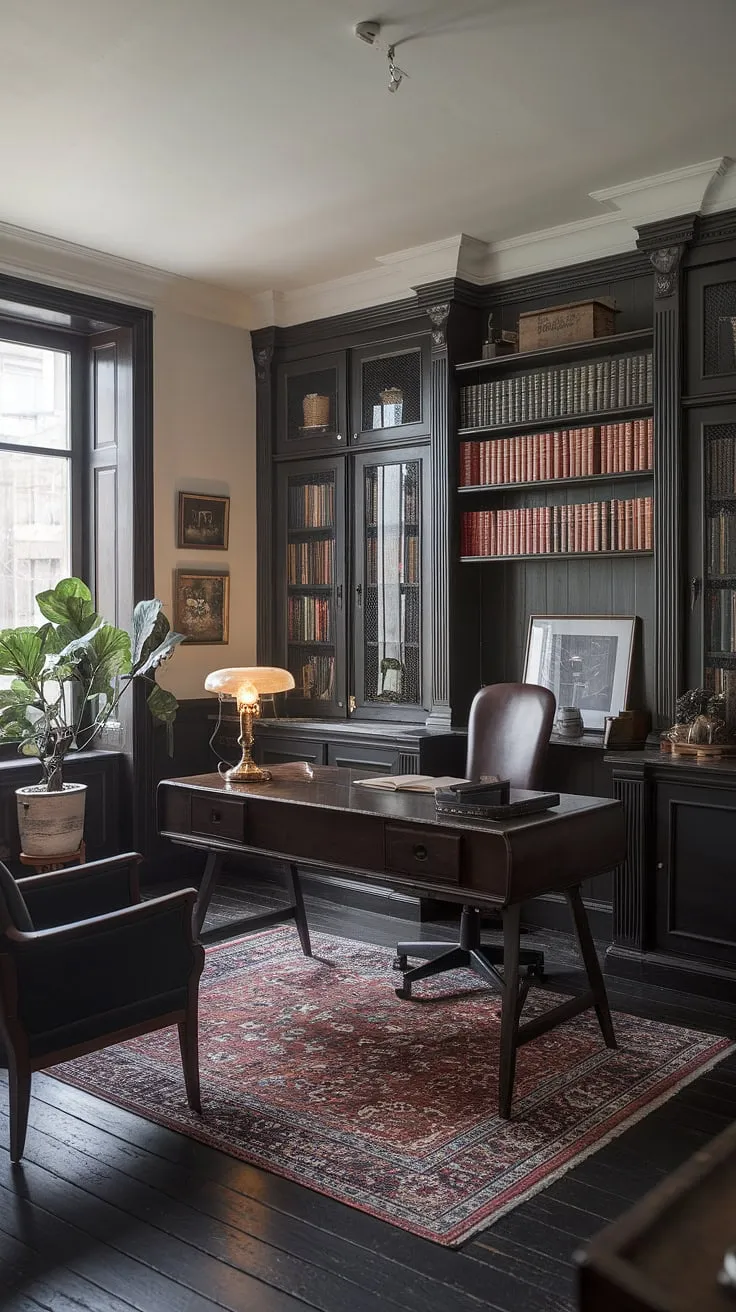 This home office seamlessly blends vintage charm with modern functionality. The dark academia aesthetic, complete with a well-worn desk and a collection of inspiring books, fosters a productive and aesthetically pleasing workspace. A haven for creativity and intellectual pursuits.