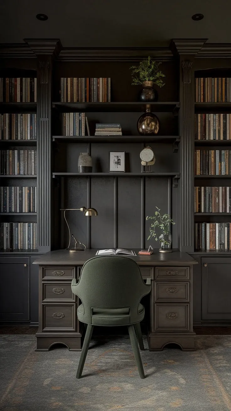 Lost in the pages of history, yet perfectly present in this vintage-modern study. The rich, dark wood and the quiet hum of focused energy create the ideal space for contemplation and creation. A sanctuary of old-world charm and modern functionality, this home office is a testament to the enduring power of classic design. A haven for the mind, a workspace for the soul, a testament to the beauty of a life well-lived.