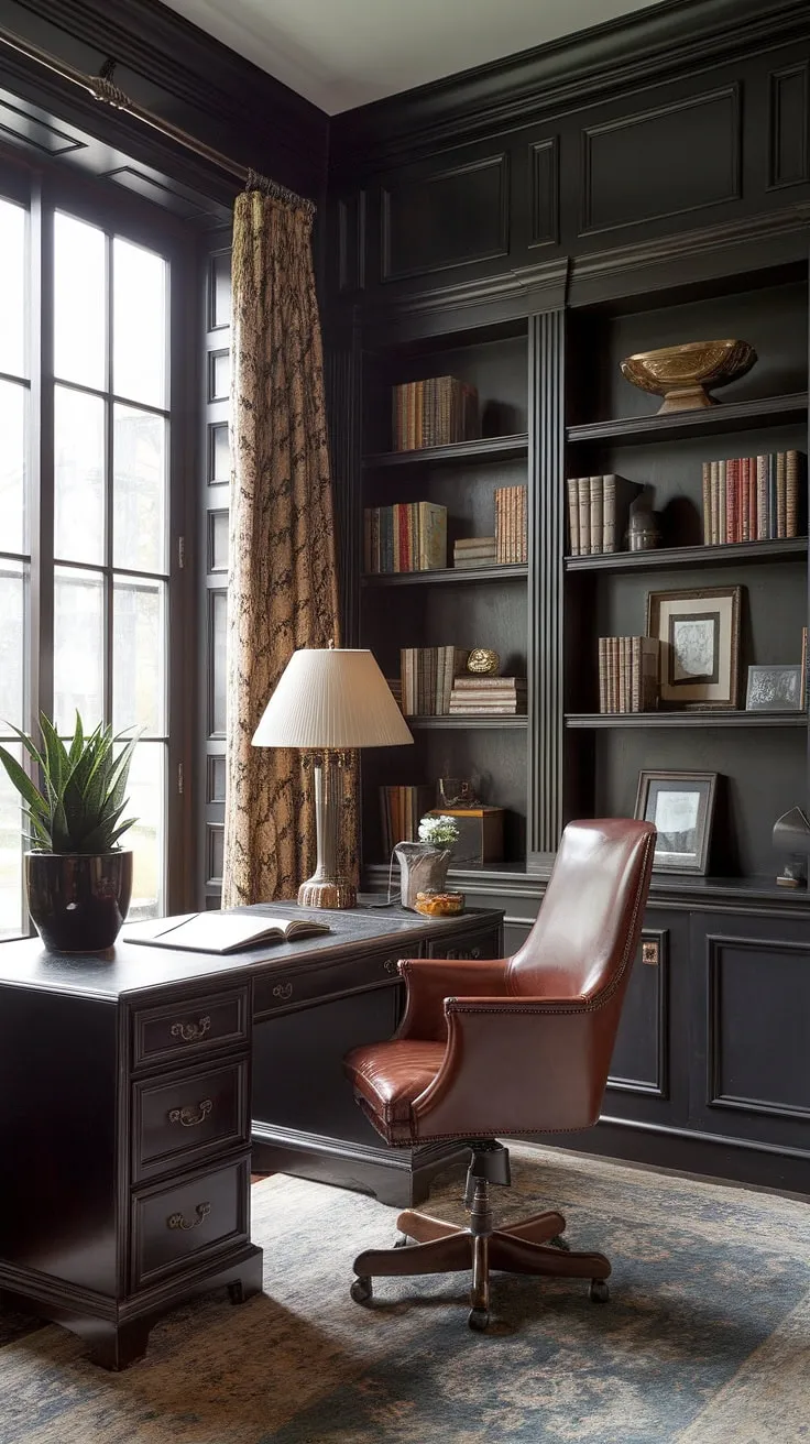 The rich textures and deep hues of this study whisper tales of bygone eras. A haven for the discerning mind, this space seamlessly marries the elegance of a vintage home office with the clean lines of a modern aesthetic. The carefully curated collection of books and personal items speaks volumes about its inhabitant, creating a space that is both productive and deeply personal. A true reflection of refined taste.