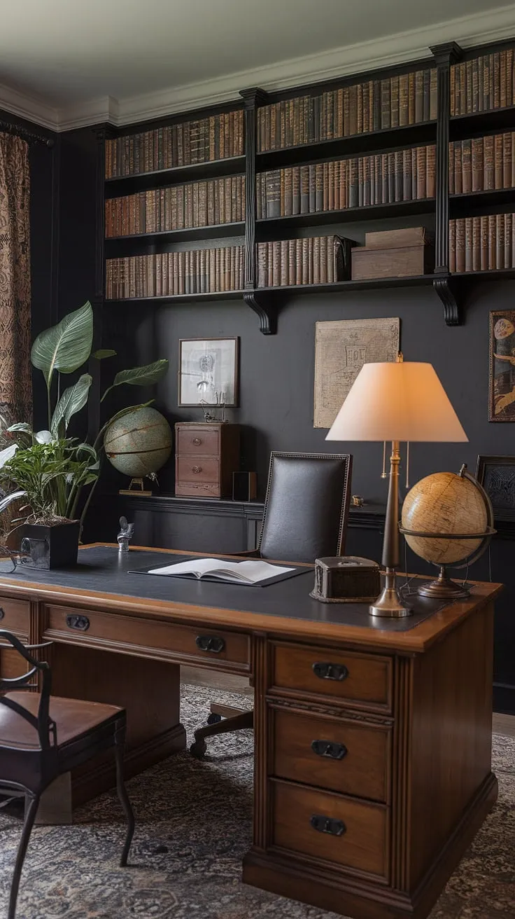 A study in contrasts: the comforting weight of history in a space designed for the future. This vintage office, with its carefully chosen details – from the antique globe to the modern desk lamp – speaks to a dedication to both tradition and progress. A testament to the enduring power of a well-designed workspace.
