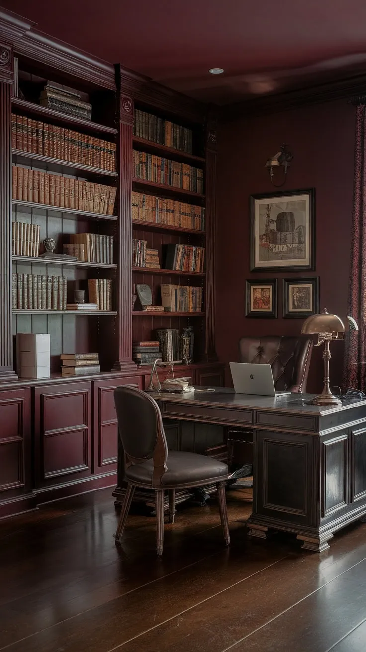 Lost in the pages of history, yet connected to the present. This vintage home office, with its rich burgundy walls and overflowing bookshelves, seamlessly blends old-world charm with a modern study aesthetic. The polished wood floor reflects the warm glow of the lamplight, creating the perfect atmosphere for focused work and quiet contemplation. A sanctuary for the mind, where the past inspires the future.