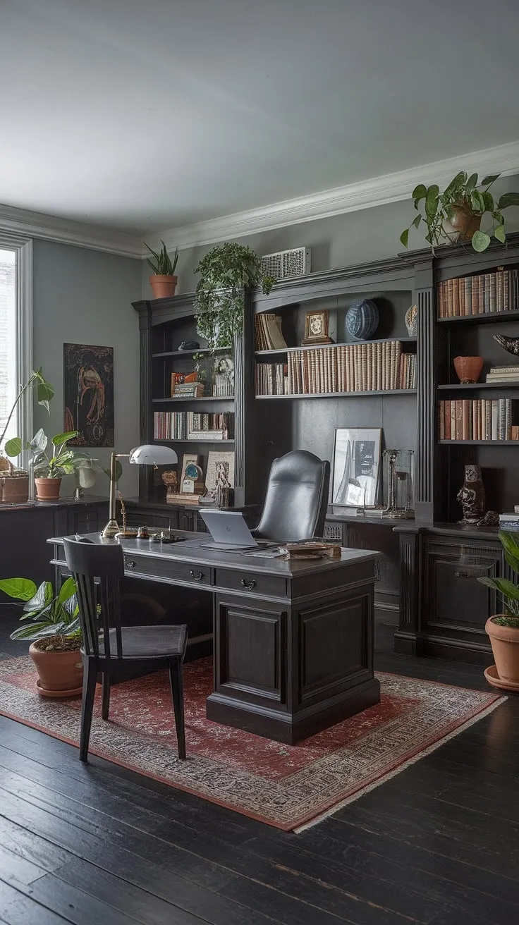 Lost in the pages of my next great project, surrounded by the comforting weight of history and the quiet hum of inspiration. This vintage-modern study, with its dark wood and soft gray walls, is my sanctuary-a place where ideas bloom and stories unfold. The gentle glow of the lamp illuminates the path forward, while the potted plants offer a breath of fresh air amidst the scholarly pursuits. This is where the magic happens.