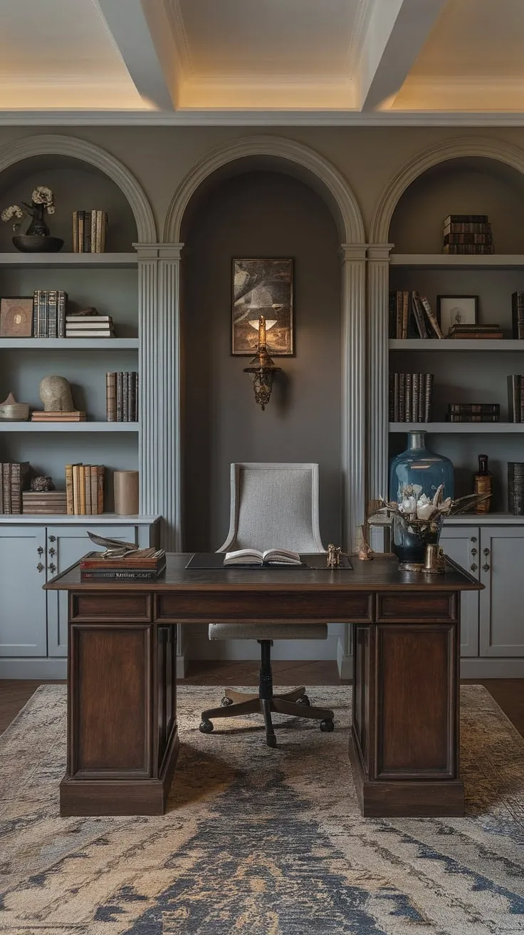 A haven of masculine elegance, this study whispers tales of old-world libraries and scholarly pursuits. The dark grey walls, the warm wood, and the carefully chosen details all contribute to an atmosphere of refined productivity, a place where ideas take shape and stories unfold.