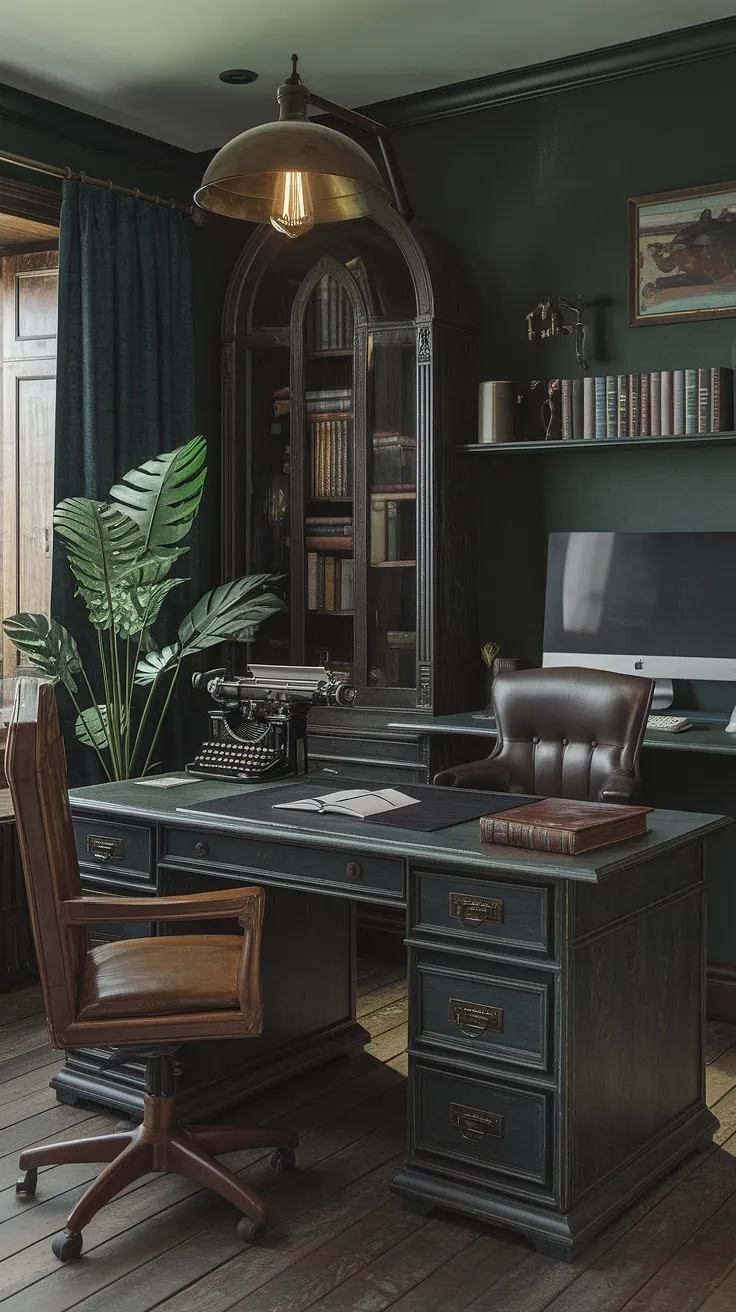 Where old-world charm meets modern functionality. A sanctuary of learning and creation, this study seamlessly blends vintage aesthetics with the power of cutting-edge technology, proving that history and innovation can coexist beautifully. The rich, dark green walls and warm wood tones create an atmosphere conducive to both deep thought and exhilarating gameplay.