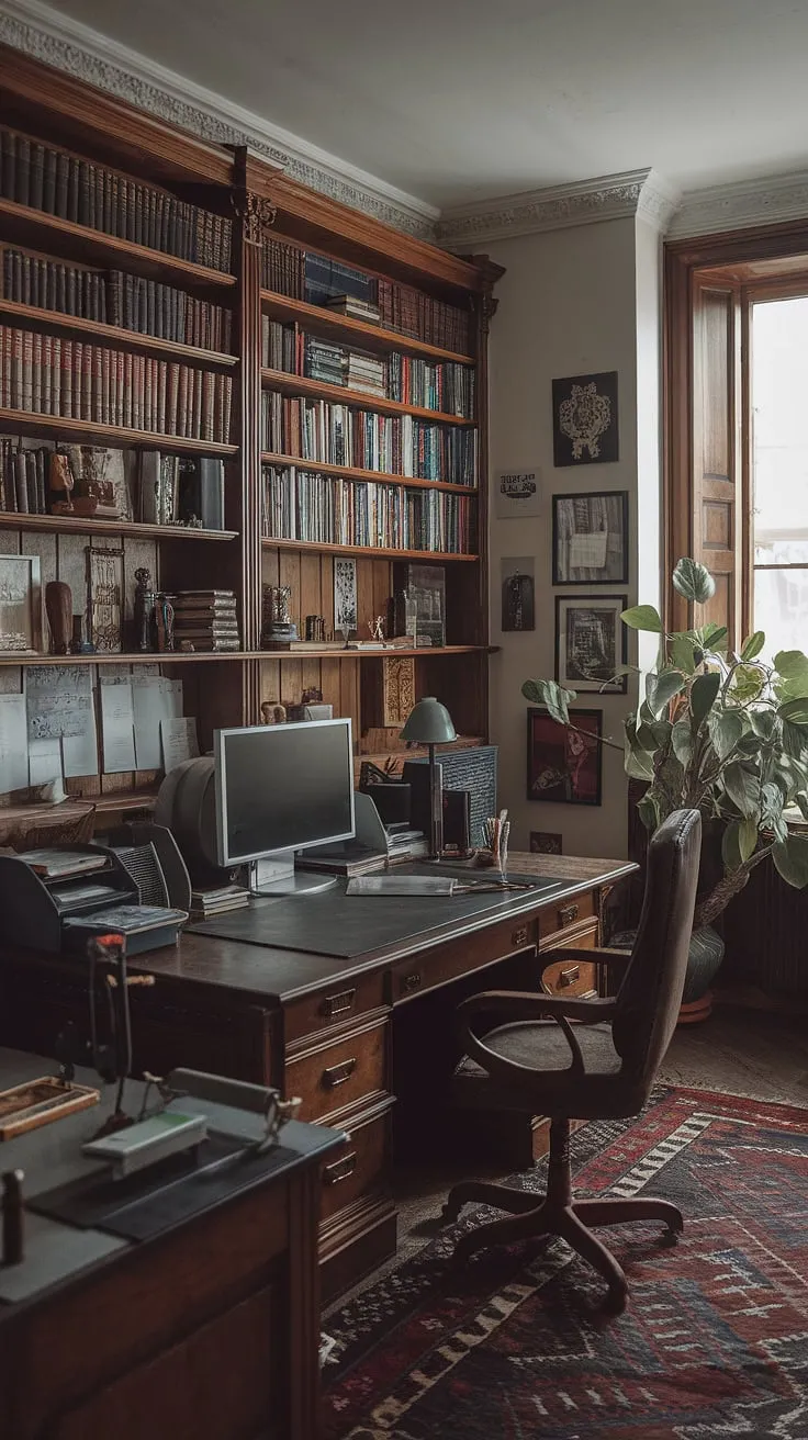 Lost in the pages of history, yet connected to the digital age. This vintage home office blends classic masculine style with modern functionality, a sanctuary for focused work and inspired creativity. The rich wood, leather, and the comforting glow of the lamp create the perfect atmosphere for deep thought and productive hours.